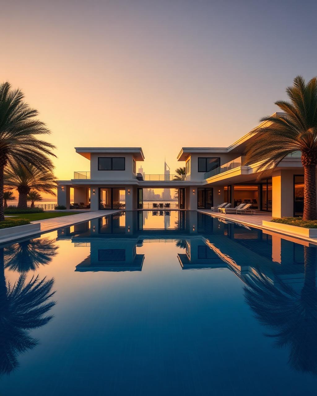 Palm Jumeirah signature villa exterior at golden hour